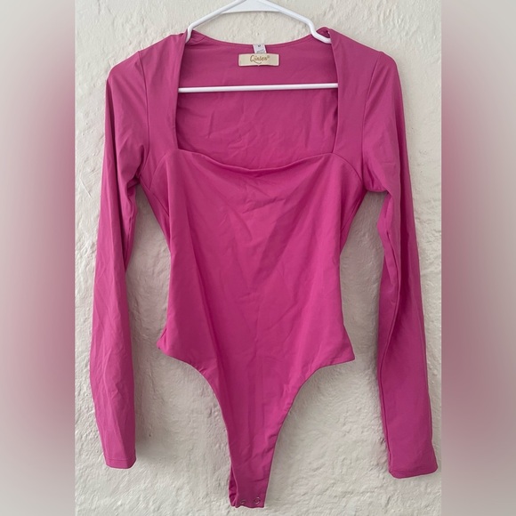 Qinsen Tops - Women Qinsen bright pink thong style long sleeve square neck bodysuit; Size M